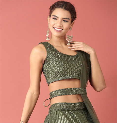 Olive Green & Gold-Toned Embellished Sequinned Semi-Stitched Lehenga Set